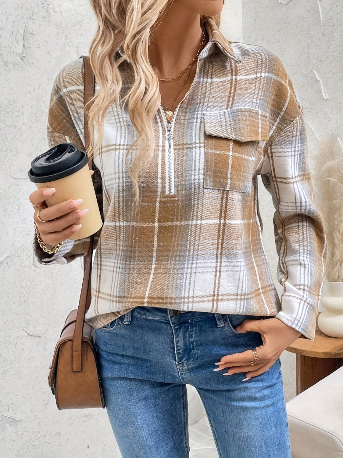Plaid Collared Neck Half Zip Long Sleeve Top - Classique Collection
