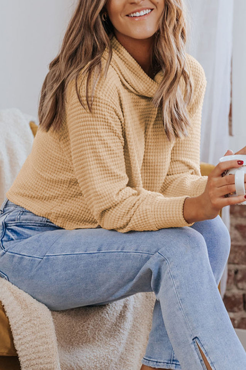 Waffle-Knit High Neck Top - Classique Collection