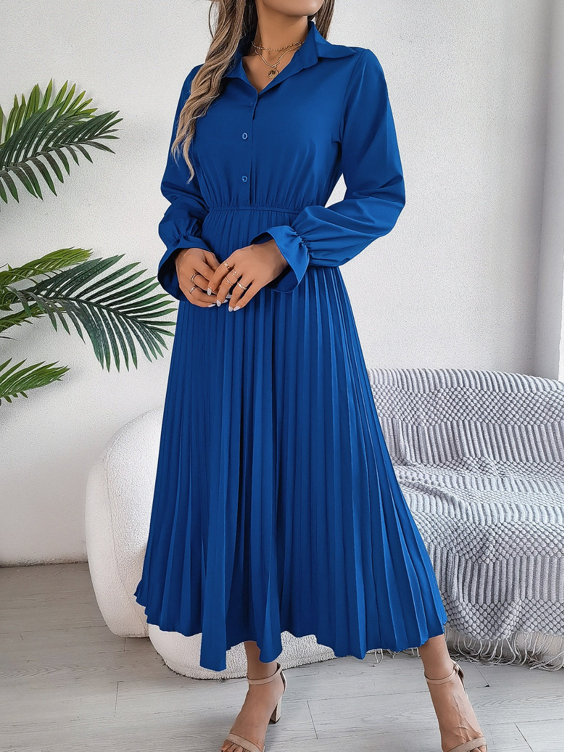 Pleated Half Button Long Sleeve Midi Dress - Classique Collection
