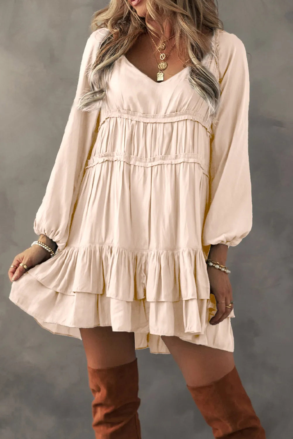 Frill Ruffled V-Neck Long Sleeve Mini Dress - Classique Collection