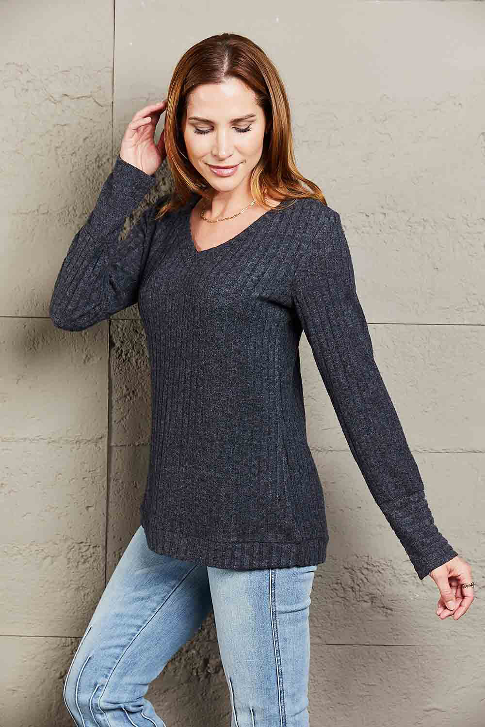 Mandy V-Neck Long Sleeve Ribbed Top - Classique Collection
