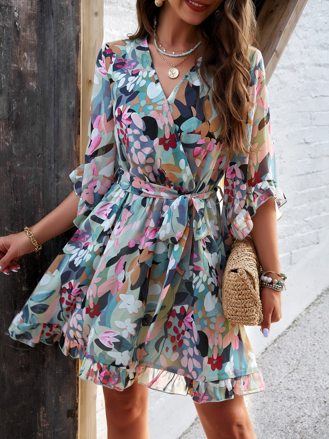 Devine Ruffled Printed Surplice Half Sleeve Mini Dress - Classique Collection