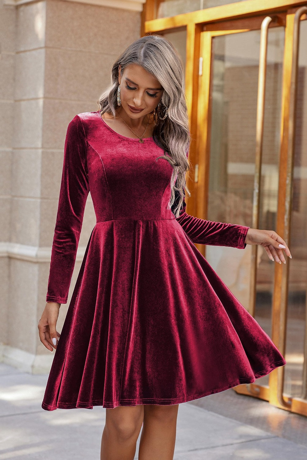Round Neck Long Sleeve Knee Length Dress - Classique Collection
