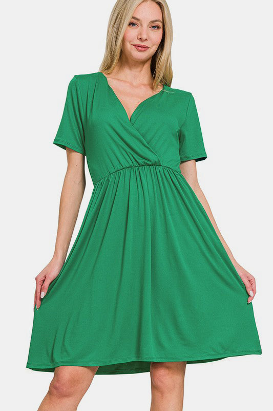 Zenana Surplice Short Sleeve Brushed DTY Dress - Classique Collection