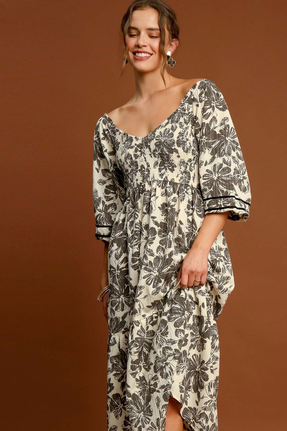 Umgee Ruffle Hem Flower Printed V-Neck Dress - Classique Collection