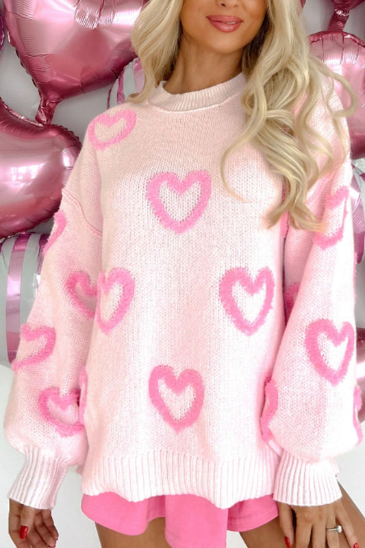 High-Low Heart Round Neck Long Sleeve Sweater - ClassiQ