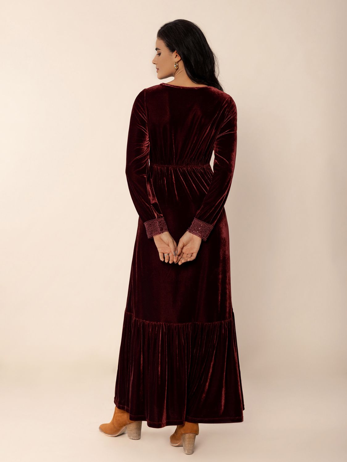 Lace Detail V-Neck Long Sleeve Dress - Classique Collection