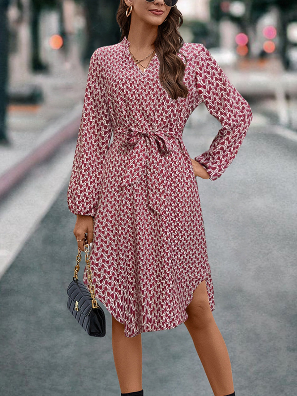 Tied Printed Notched Balloon Sleeve Dress - Classique Collection