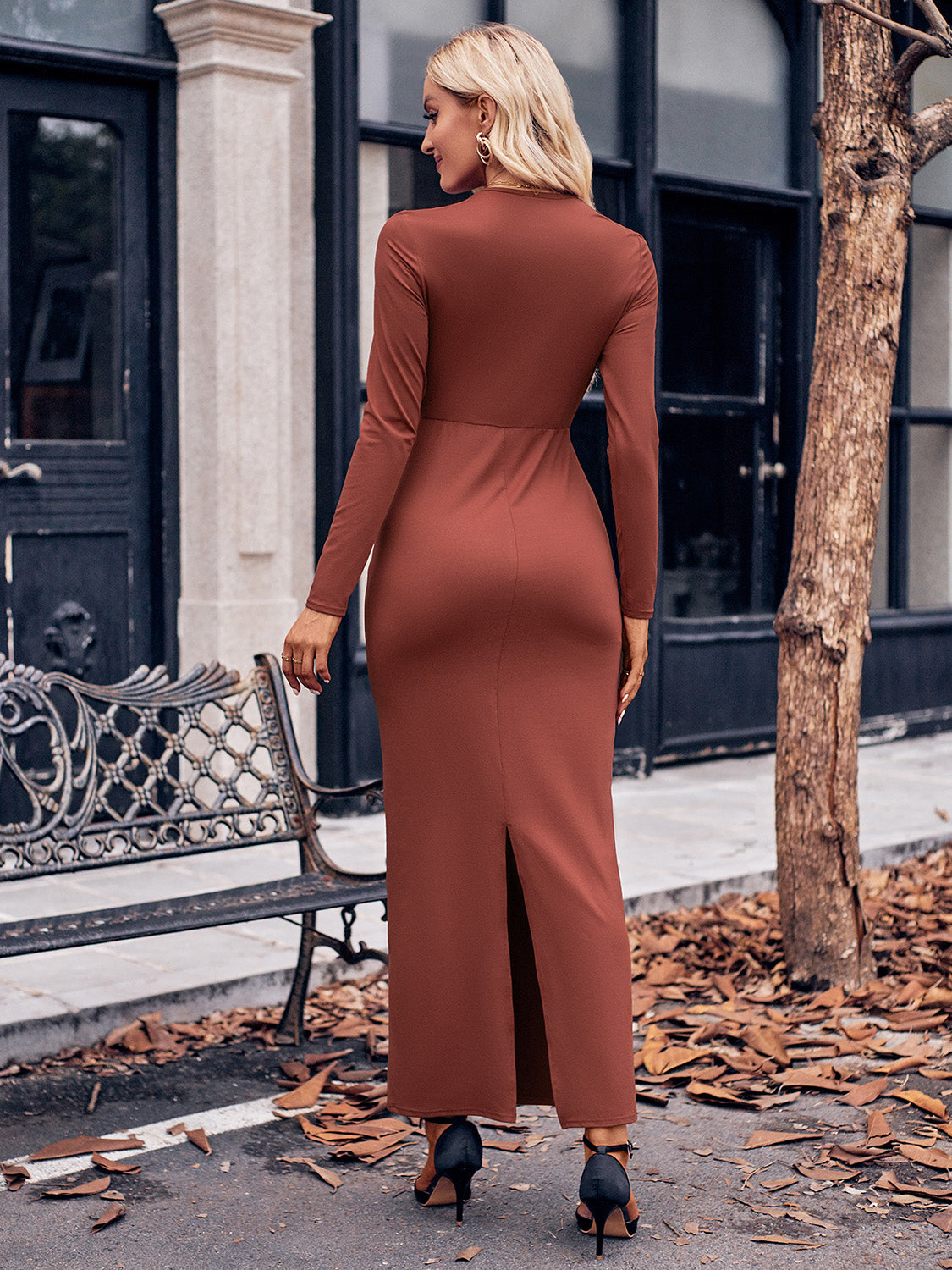 Slit Twisted Surplice Long Sleeve Dress - Classique Collection