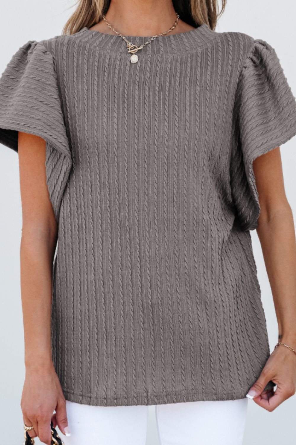 Textured Round Neck Flounce Sleeve Blouse - Classique Collection