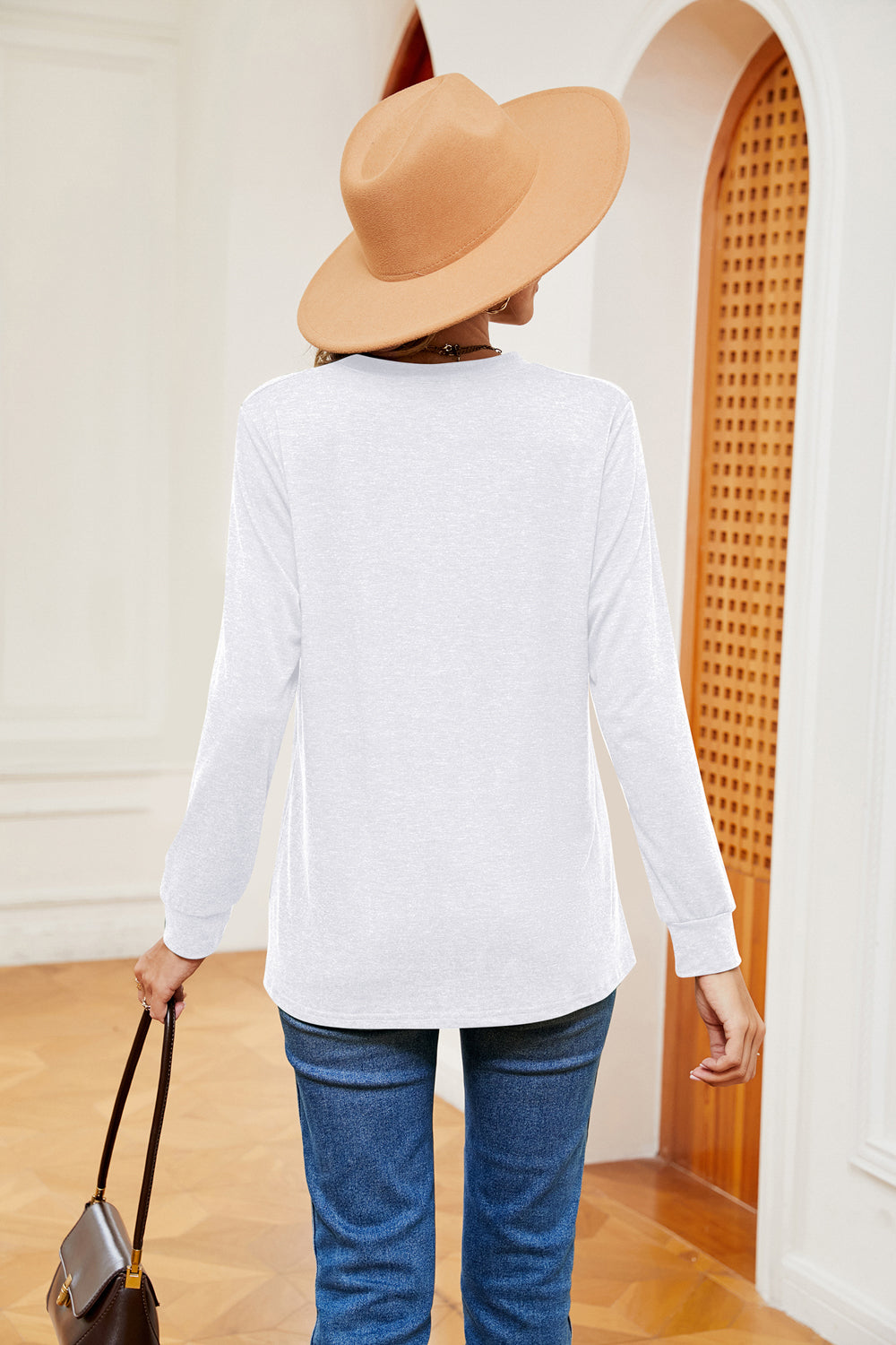 Buttoned Notched Neck Long Sleeve Top - Classique Collection