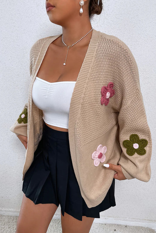 Floral Applique Drop Shoulder Open Front Cardigan - ClassiQ