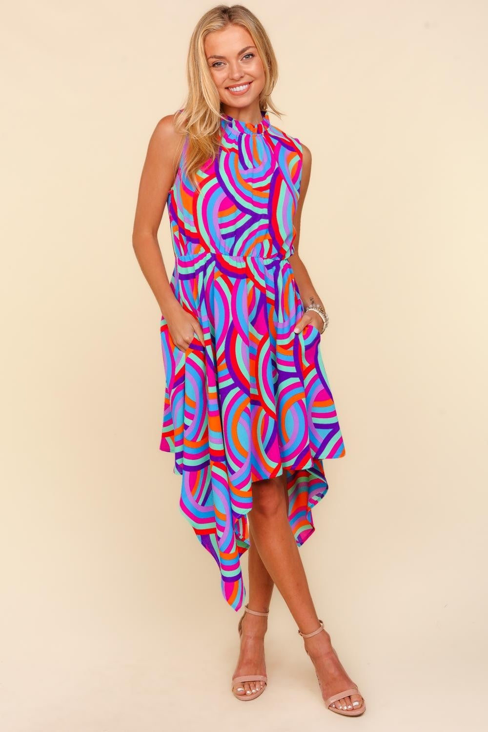 Haptics Full Size Mock Neck Sleeveless Printed Dress - Classique Collection