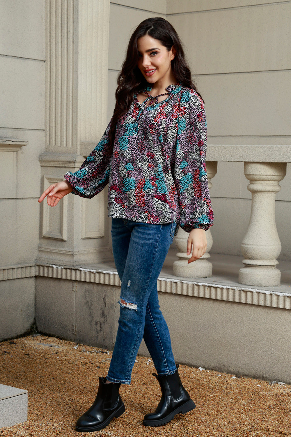 Tie Neck Heathered Balloon Sleeve Blouse - Classique Collection