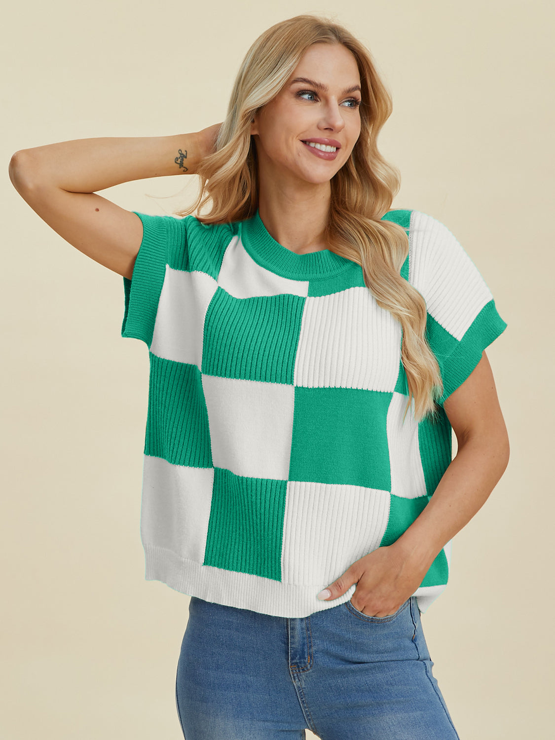Double Take Full Size Checkered Round Neck Short Sleeve Sweater - ClassiQ