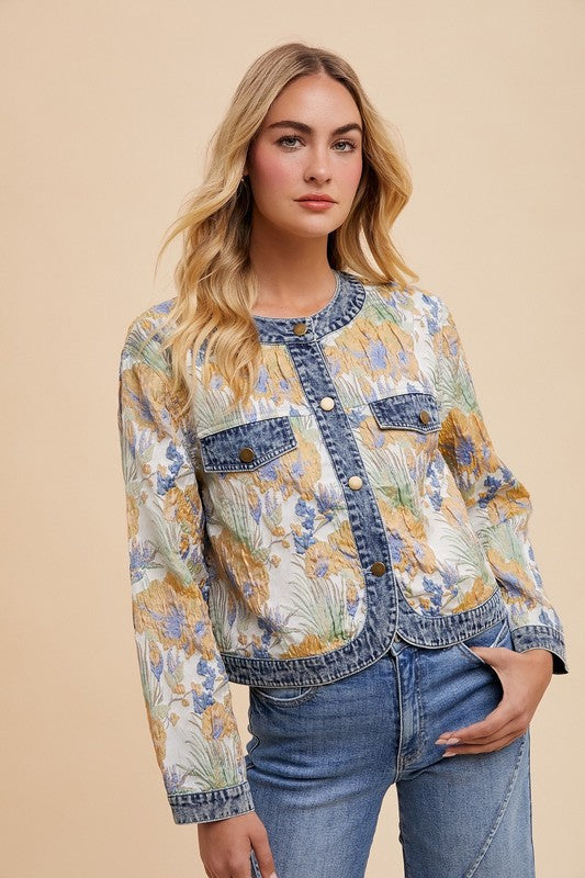 Annie Wear Floral Jacquard Denim Contrast Button Down Jacket - ClassiQ