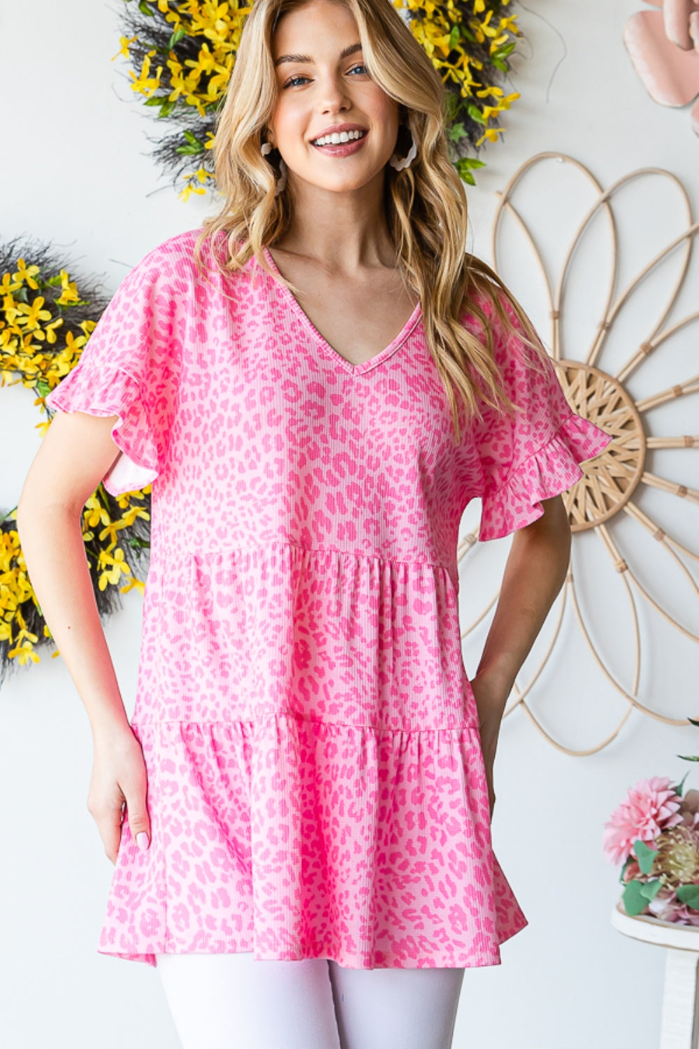 Heimish Full Size Leopard Ruffle Trim Short Sleeve Top - Classique Collection