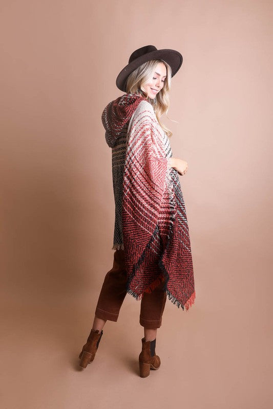 Herringbone Tweed Hooded Frayed Edge Poncho - Classique Collection