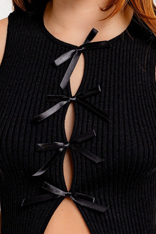 Satin Bow Detail Sleeveless Sweater Top - Classique Collection