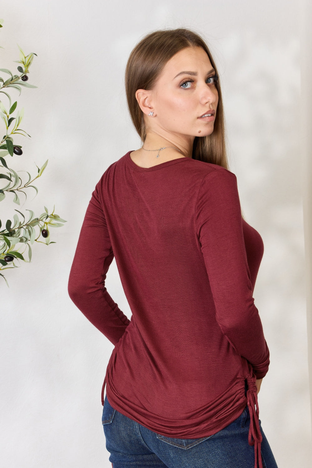 Culture Code Full Size Drawstring Round Neck Long Sleeve Top - Classique Collection