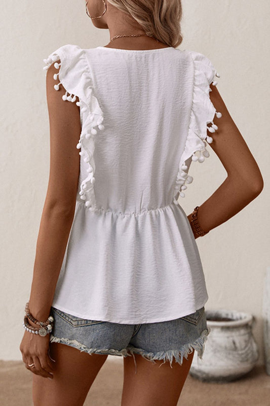 Perfee Embroidered Pom-Pom Trim Cap Sleeve Babydoll Top - Classique Collection