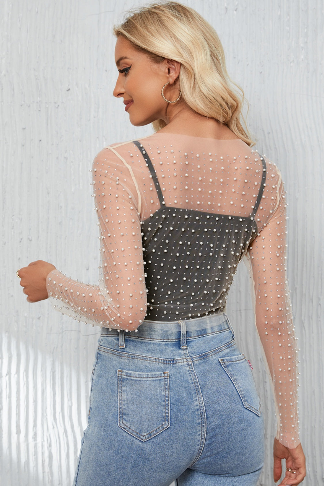 Pearl Long Sleeve Mesh Cropped Top - Classique Collection