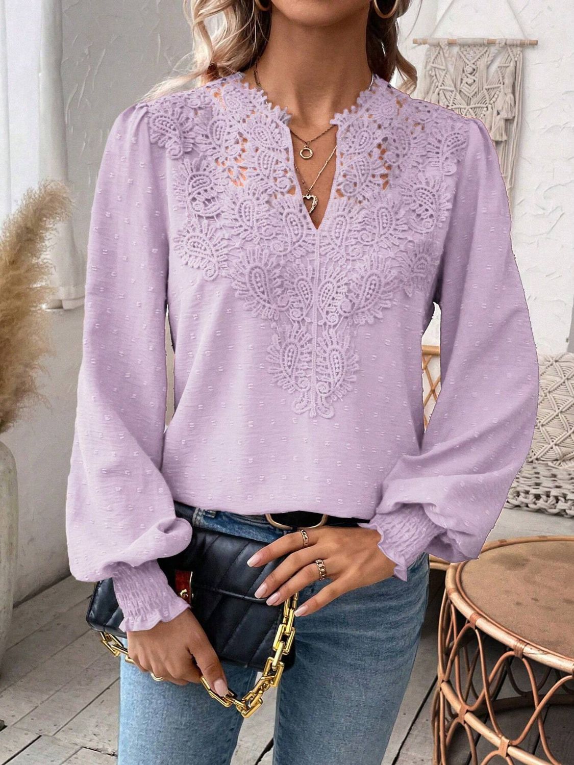 Swiss Dot Lace Detail Notched Long Sleeve Blouse - Classique Collection