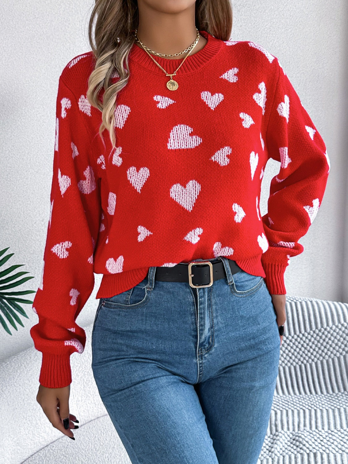 Heart Round Neck Long Sleeve Sweater - ClassiQ