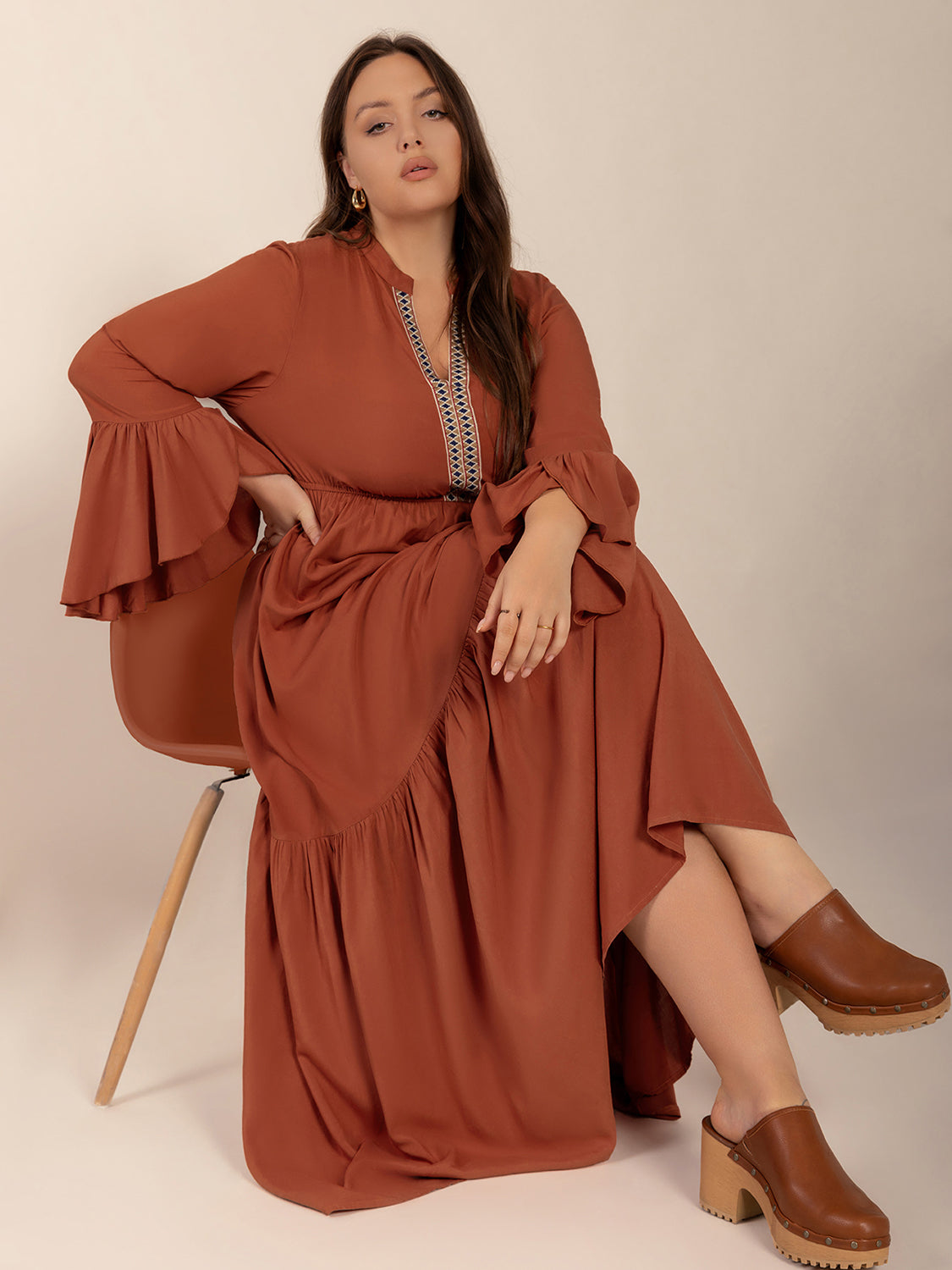 Plus Size Ruffled Notched Long Sleeve Midi Dress - Classique Collection