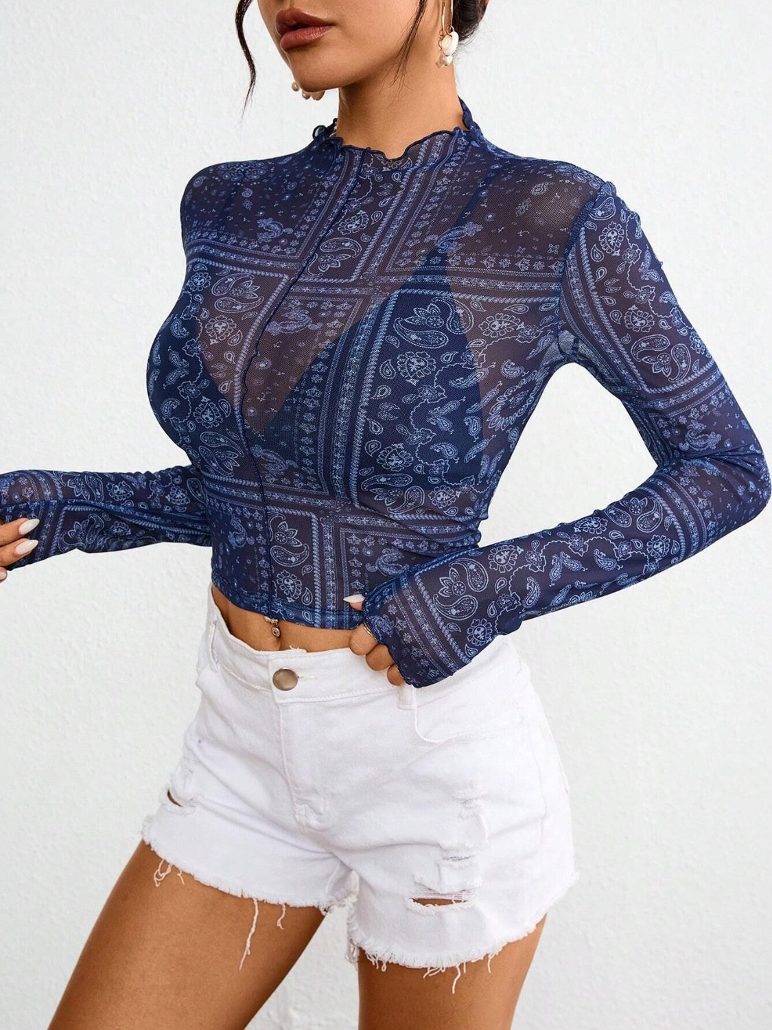 Paisley Mock Neck Long Sleeve Sheer Top - Classique Collection