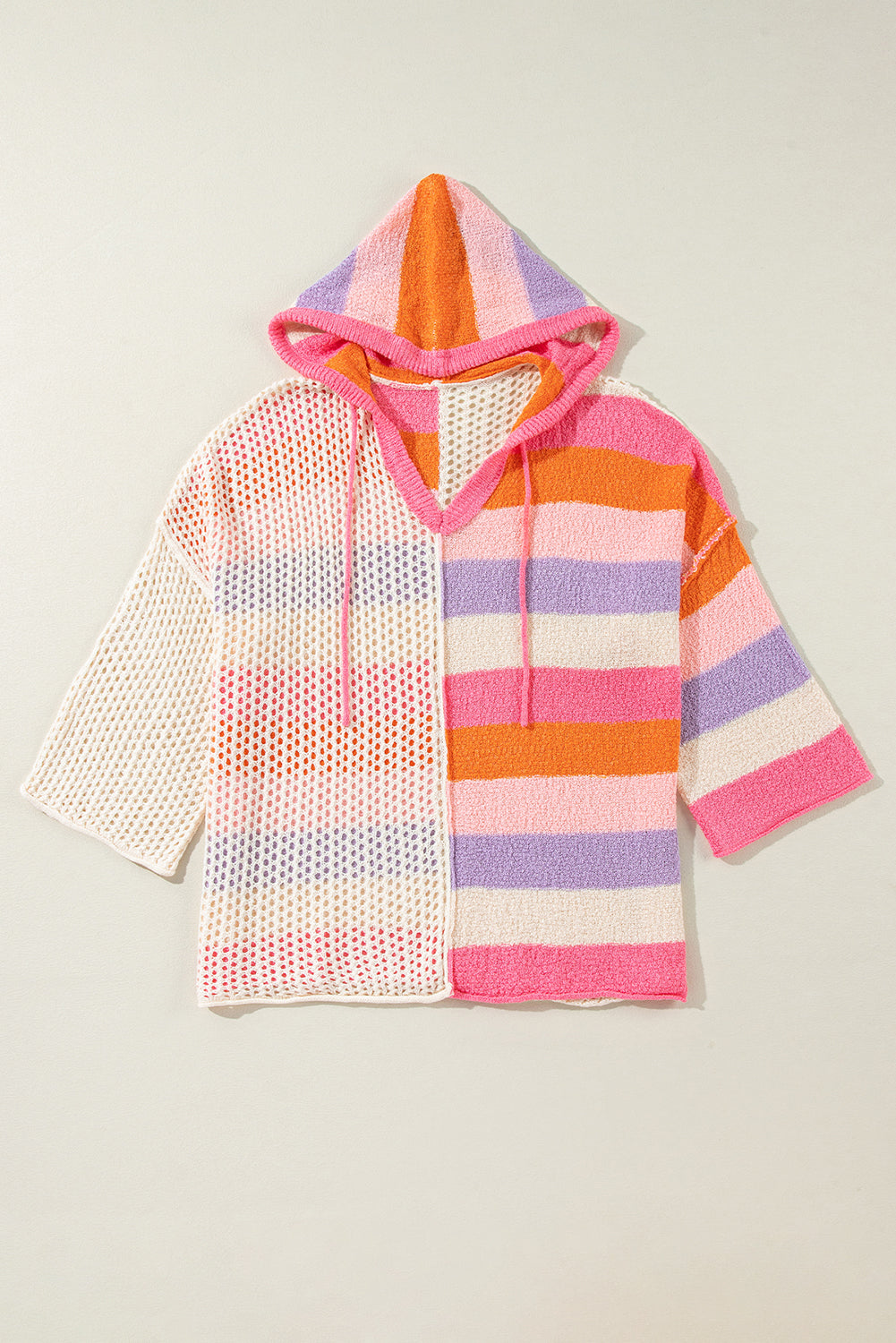 Openwork Color Block Hooded Sweater - Classique Collection