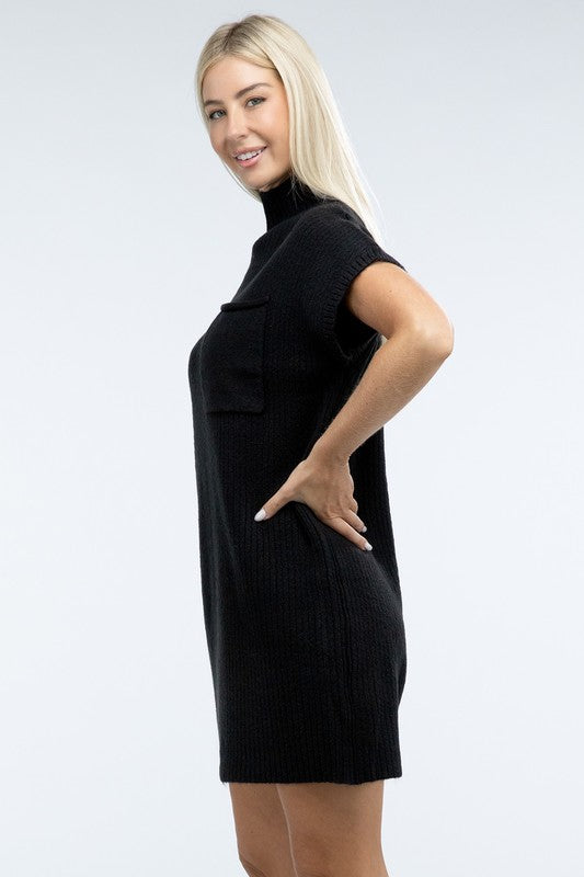Mock Neck Short Sleeve Sweater Dress with Pocket - Classique Collection