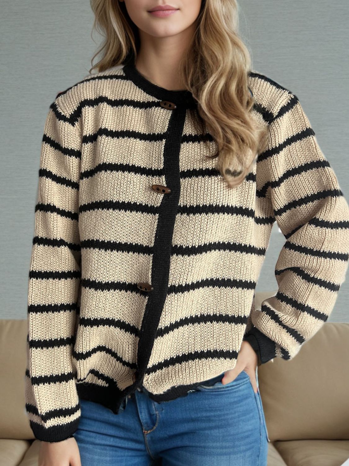 Striped Round Neck Long Sleeve Cardigan - ClassiQ