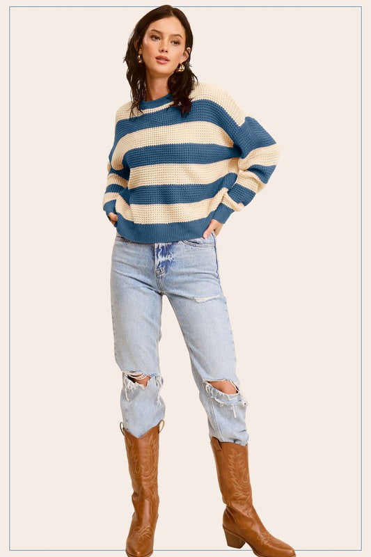 Striped Round Neck Loose Fit Sweater - Classique Collection
