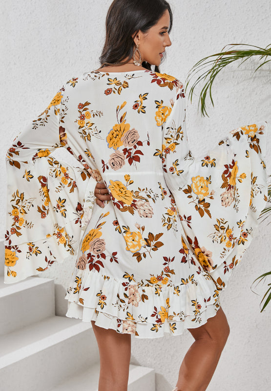 Printed V-Neck Flare Sleeve Mini Dress - Classique Collection