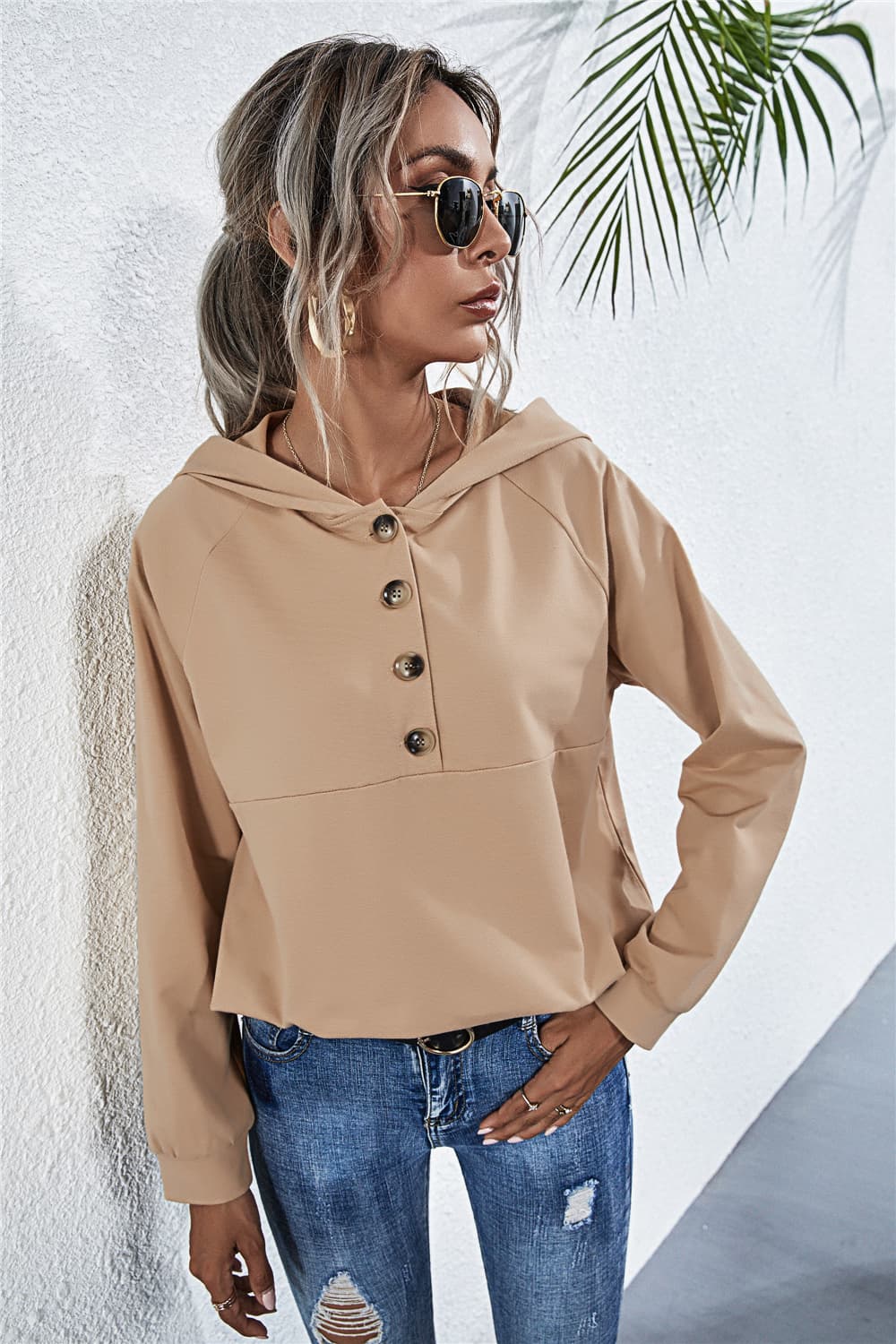 Buttoned Raglan Sleeve Hooded Blouse - ClassiQ