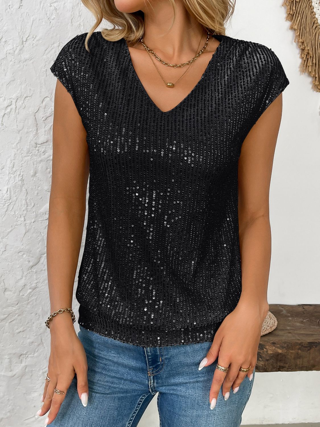 Sequin V-Neck Cap Sleeve Top - Classique Collection