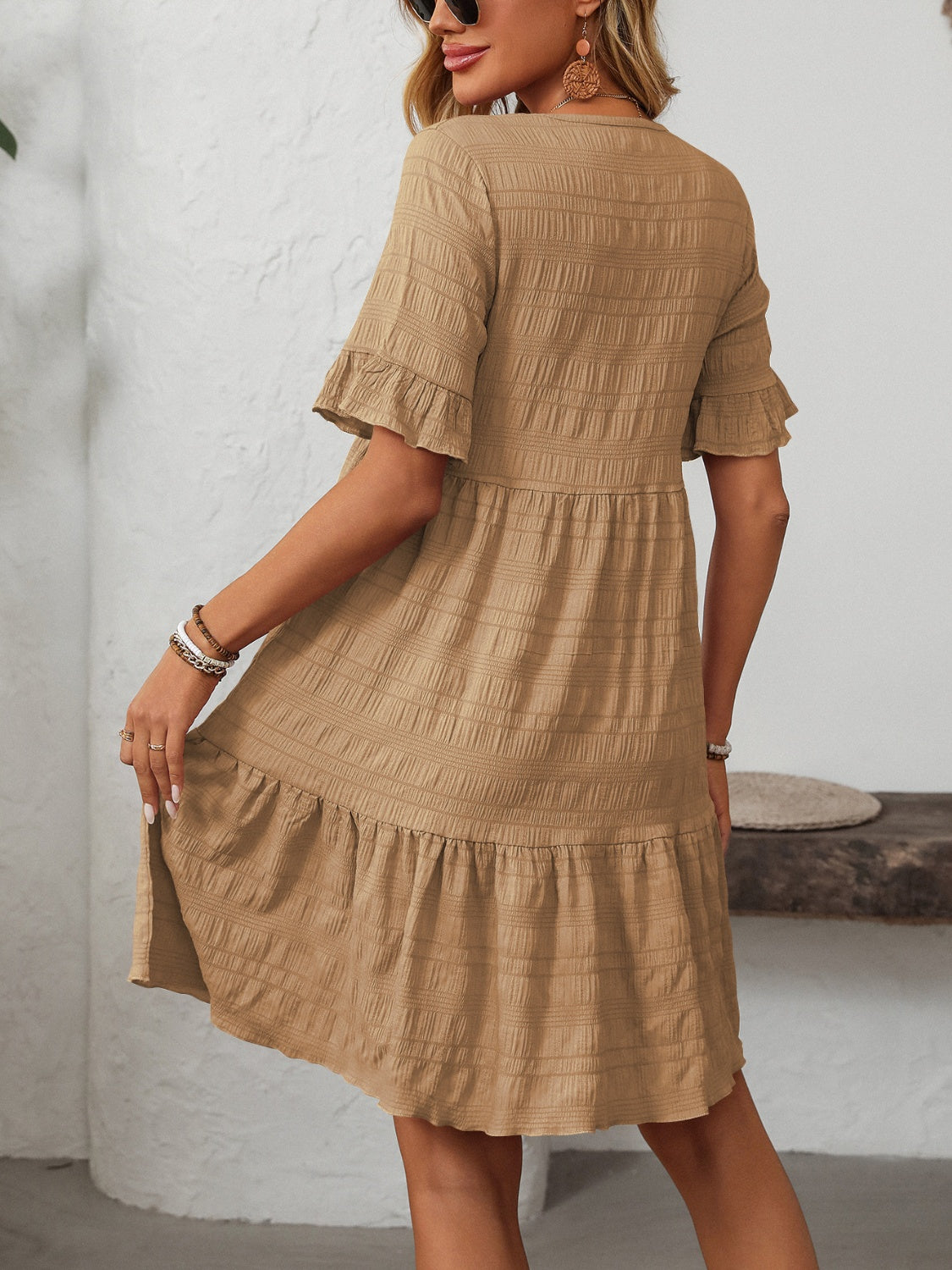 Mandy Ruffled Ruched Round Neck Half Sleeve Dress - Classique Collection