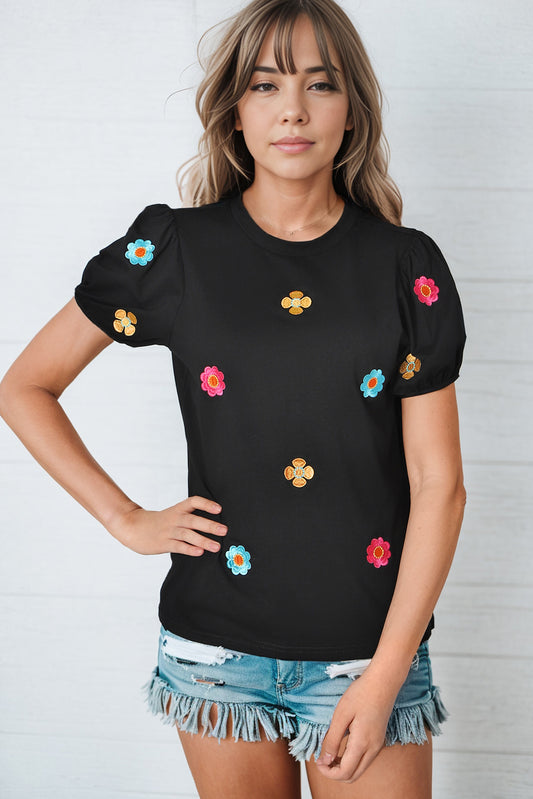 Embroidered Flower Round Neck Puff Sleeve Top - Classique Collection
