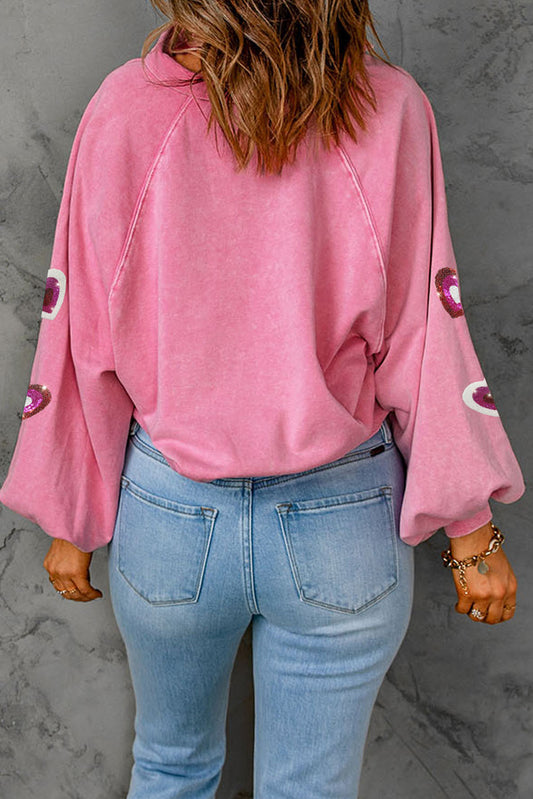Heart Sequin Half Snap Mineral Wash Sweatshirt - ClassiQ