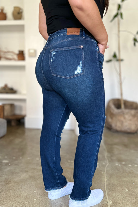 Judy Blue Full Size High Waist Rigid Magic Heavy Destroy Straight Jeans - Classique Collection