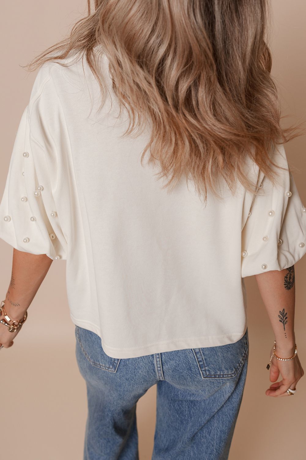 Pearl Detail Round Neck Half Sleeve Blouse - Classique Collection