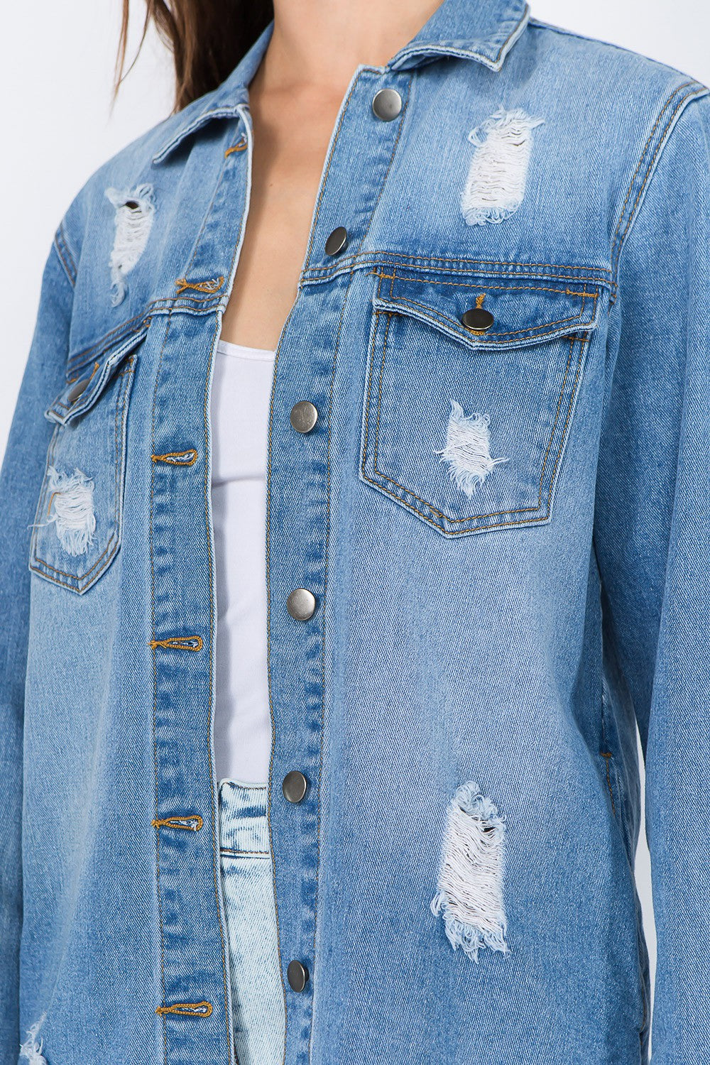 American Bazi Distressed Frayed Hem Denim Jacket - ClassiQ