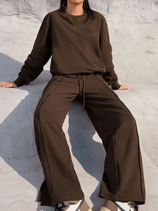 Round Neck Long Sleeve Top and Elastic Waist Pants Set - ClassiQ