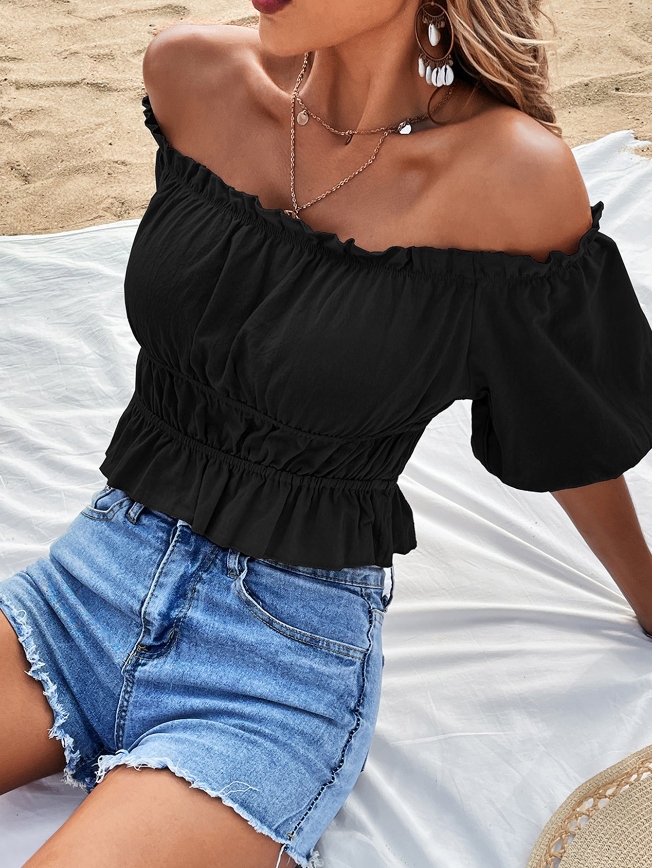 Off-Shoulder Frill Trim Peplum Top - Classique Collection