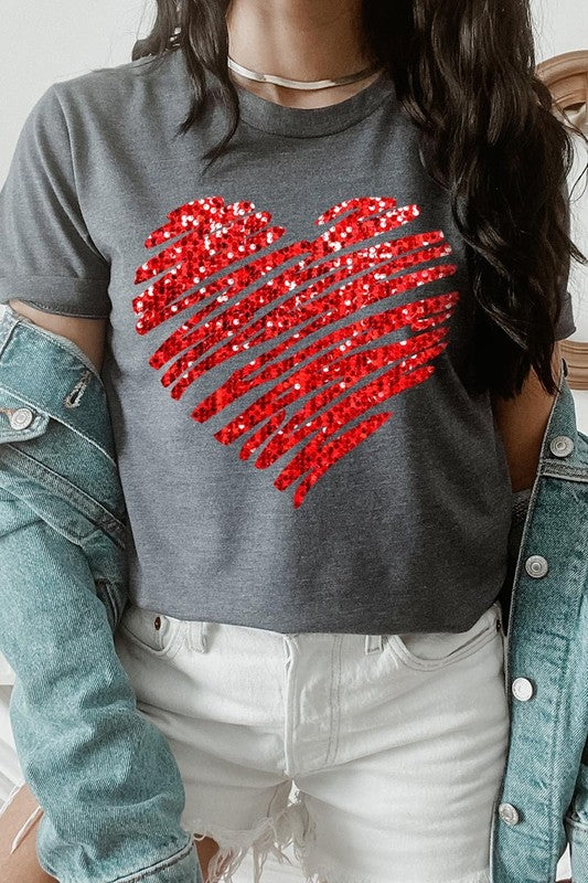 Faux Sequins Scribble Heart Graphic Plus Tee - Classique Collection