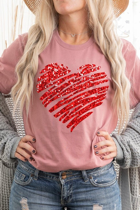 Faux Sequins Scribble Heart Graphic Plus Tee - Classique Collection