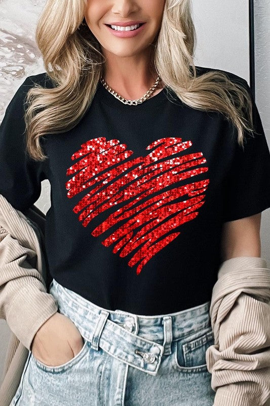 Faux Sequins Scribble Heart Graphic Plus Tee - Classique Collection