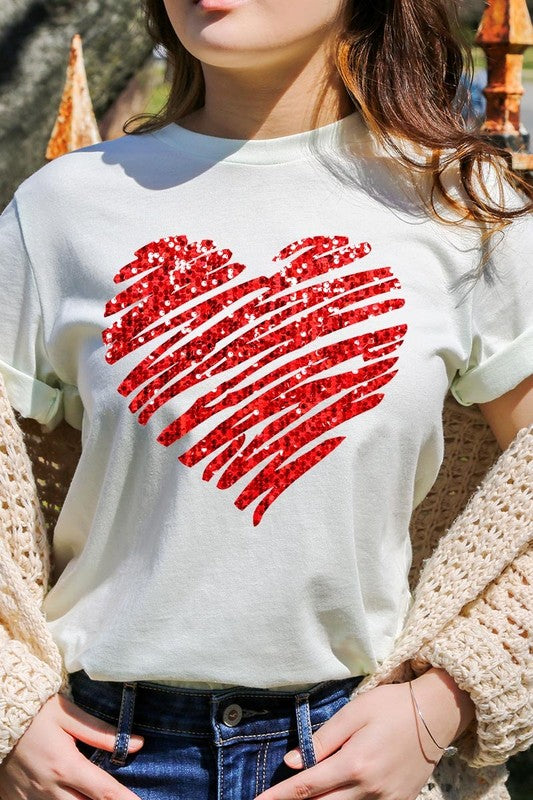 Faux Sequins Scribble Heart Graphic Plus Tee - Classique Collection