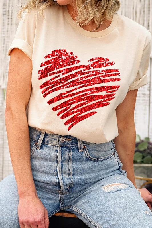 Faux Sequins Scribble Heart Graphic Plus Tee - Classique Collection